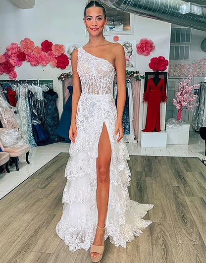 One Shoulder A-Line Tiered Long Prom Dress With Slit