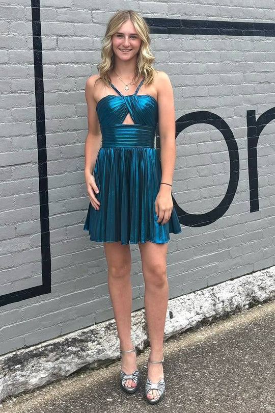 Metallic Spaghetti Strap Pleated A-Line Homecoming Dress