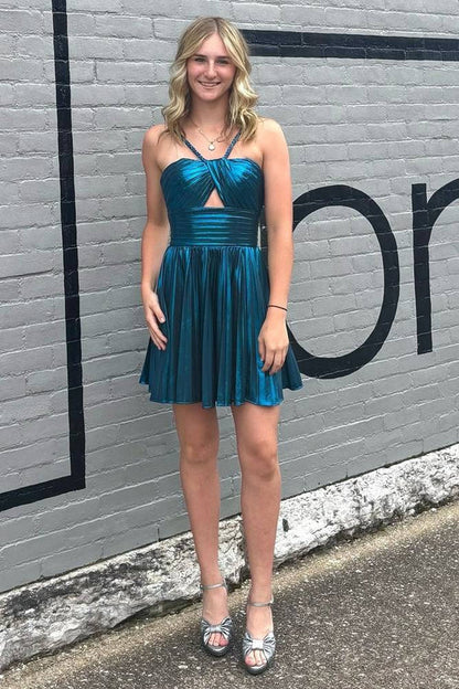 Metallic Spaghetti Strap Pleated A-Line Homecoming Dress