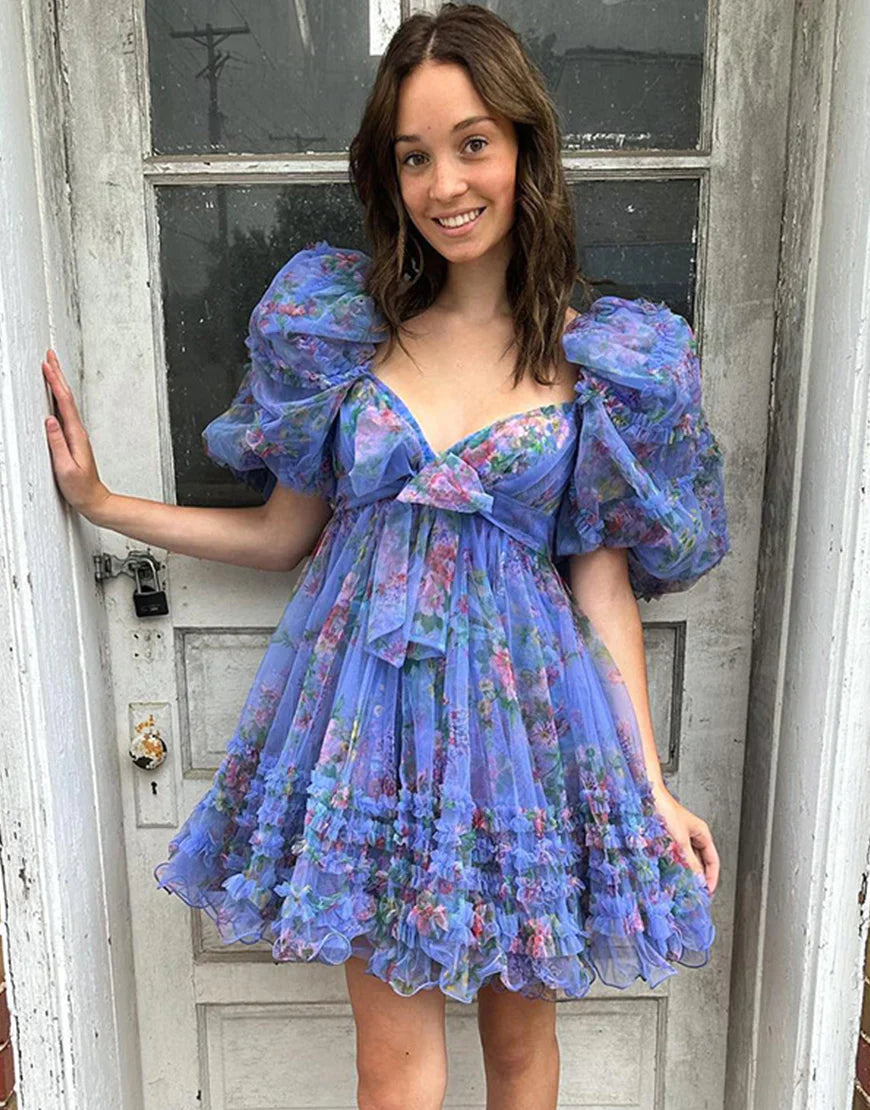A-Line Sweetheart Puff Sleeves Blue Floral Short Homecoming Dress with Ruffles