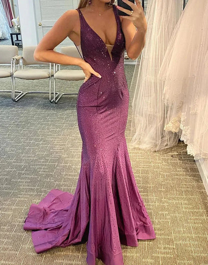 V-Neck Long Beaded Mermaid Backless Floor-Length Prom Dress