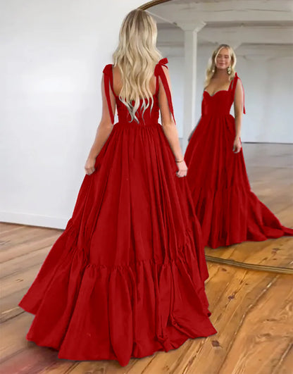 Sweet Black Princess A-Line Tie Straps Long Satin Prom Dress