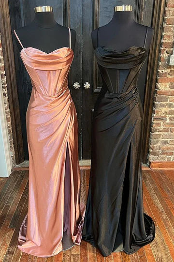 Cowl Neck Ruched Lace-Up Long Prom Dress with Slit