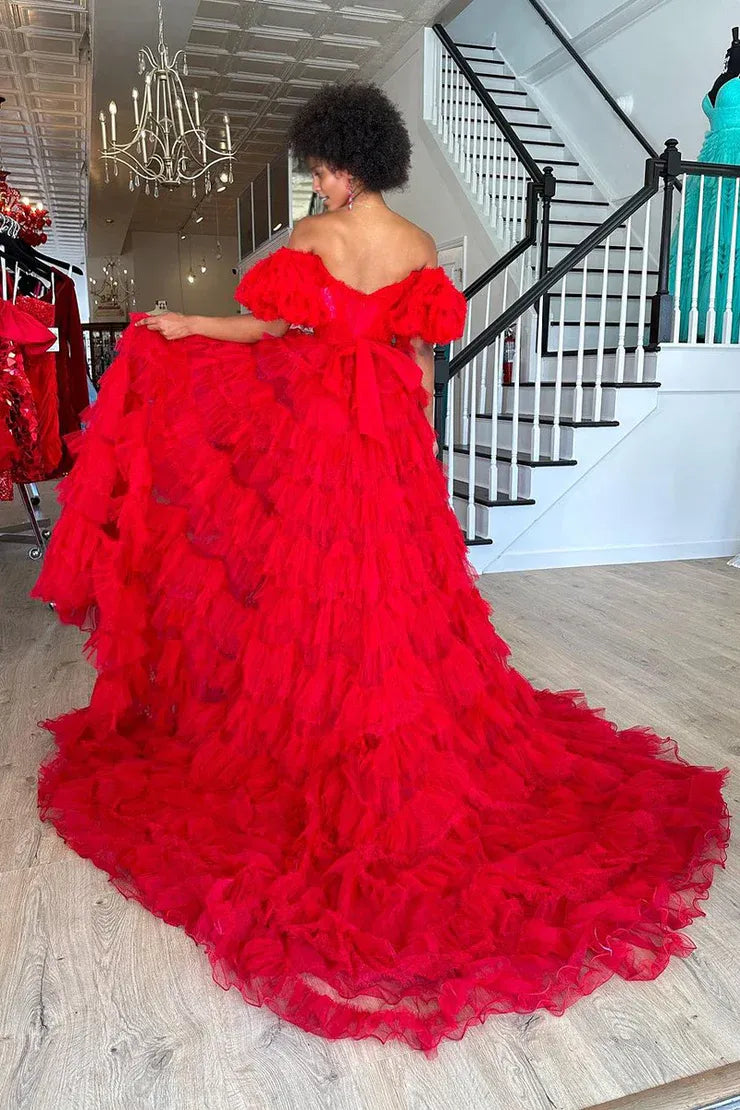 Ball Gown Off the Shoulder V-Neck Red Tulle Long Prom Dresses with Slit