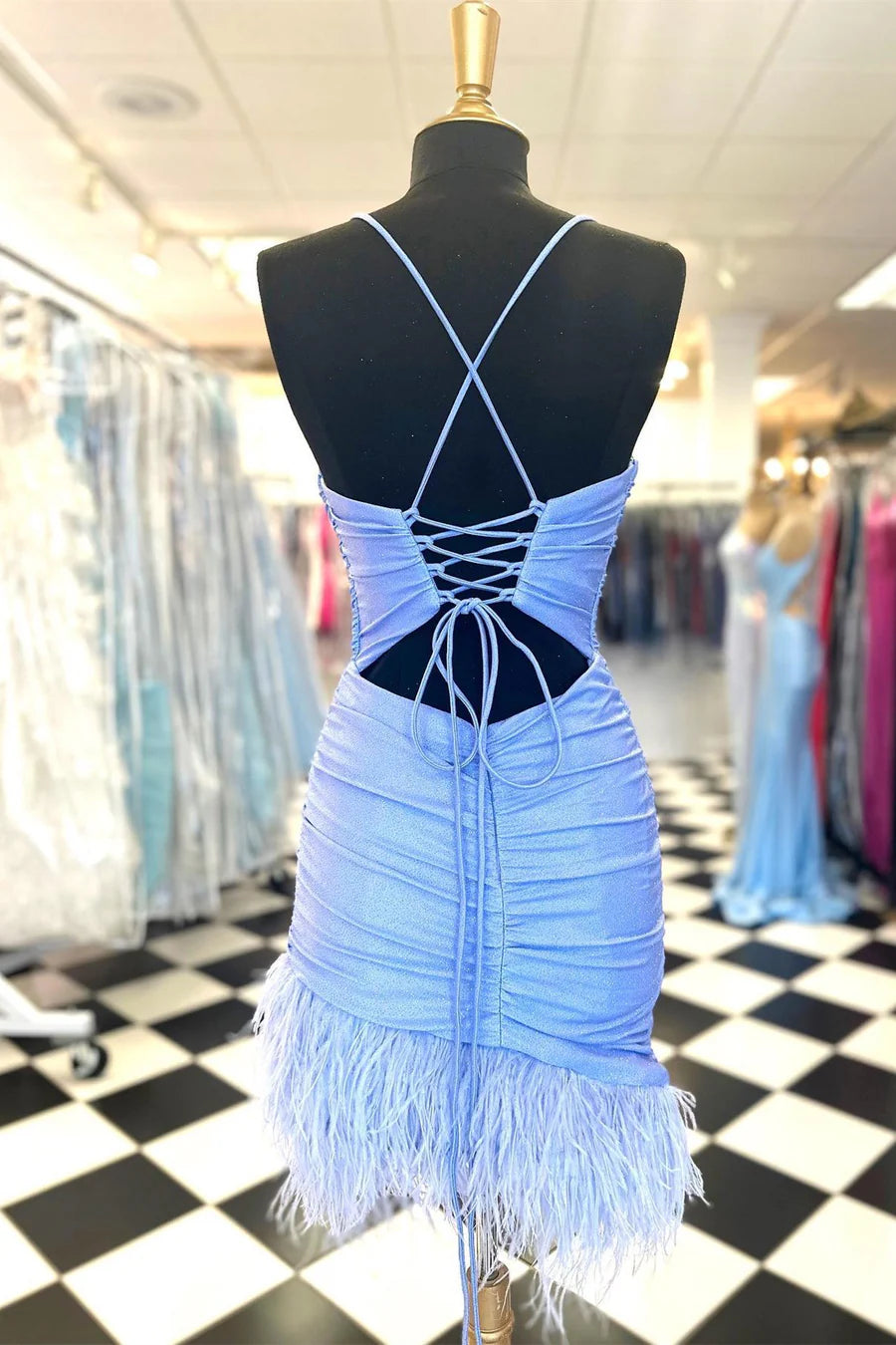 Spaghetti Strap Ruched Short Dress with Feathers