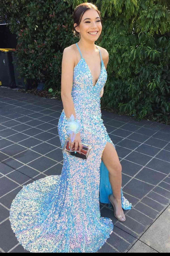 Sequin V-Neck Mermaid Long Formal Dress