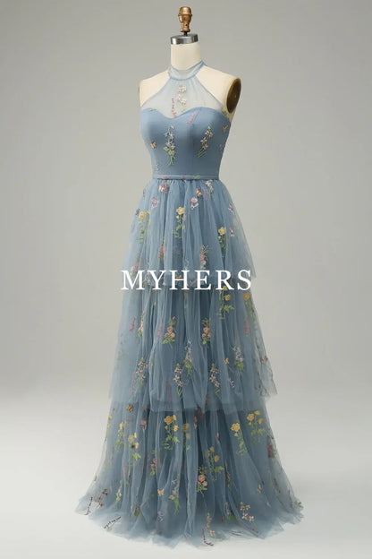 Formal Wear Dresses A Line Halter Floor Length Tulle Luxury Embroidery High Quality Fantastic Prom Dress