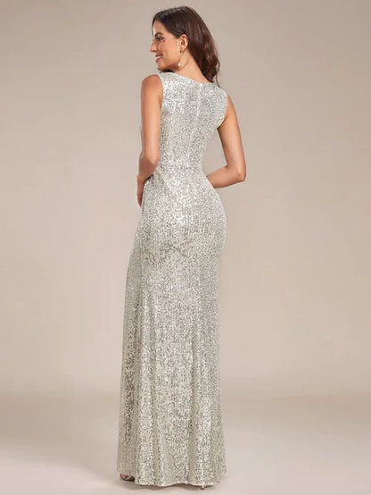 Shiny Sleeveless Sequin Deep V-Neck High Slit Evening Dress/Prom Dresses Party Dresses Wedding Guest Dresses