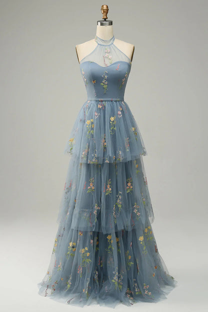 Formal Wear Dresses A Line Halter Floor Length Tulle Luxury Embroidery High Quality Fantastic Prom Dress