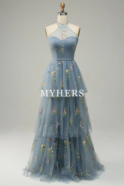 Formal Wear Dresses A Line Halter Floor Length Tulle Luxury Embroidery High Quality Fantastic Prom Dress