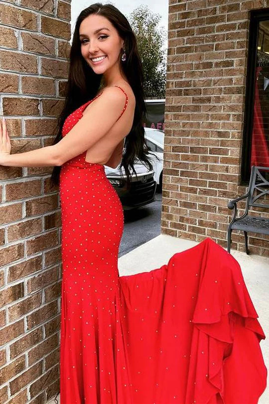 Bead Straps Backless Mermaid Long Formal Dress