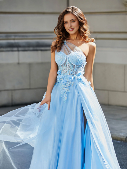Tulle Dress Flower Applique Bodice High Slit Prom Dress