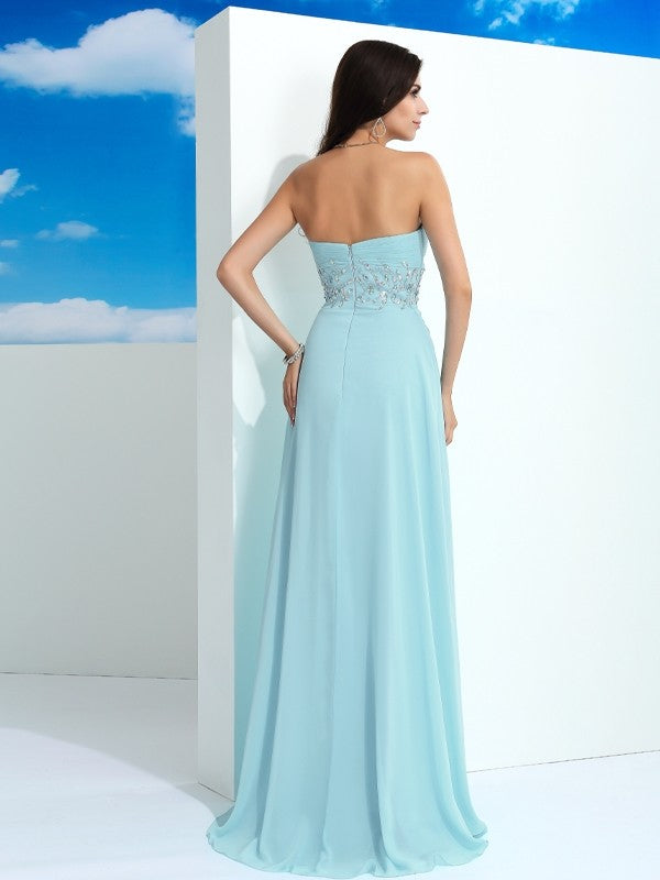 A-Line/Princess Sweetheart Beading Sleeveless Long Chiffon Dresses