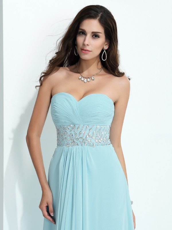 A-Line/Princess Sweetheart Beading Sleeveless Long Chiffon Dresses