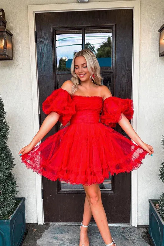 Sweet A Line Off-the-Shoulder Red Tulle Short Homecoming Dresses with Detachable Sleeves