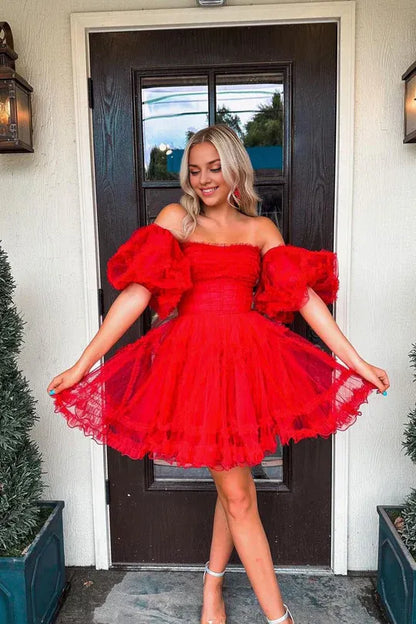 Sweet A Line Off-the-Shoulder Red Tulle Short Homecoming Dresses with Detachable Sleeves