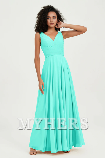 MY HERS Chiffon A-Line V-Neck Pleated Sleeveless Floor-Length Elegant Simple Wedding Guests Dresses