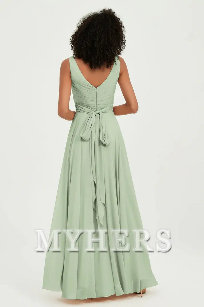 MY HERS Chiffon A-Line V-Neck Pleated Sleeveless Floor-Length Elegant Simple Wedding Guests Dresses