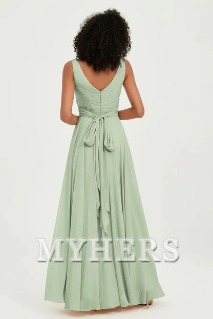 MY HERS Chiffon A-Line V-Neck Pleated Sleeveless Floor-Length Elegant Simple Wedding Guests Dresses