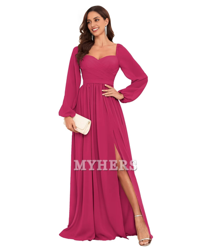 Sweetheart Long Sleeve Pleated Side Fork Chiffon Elegant Bridesmaid Dresses Wedding Guests Dresses