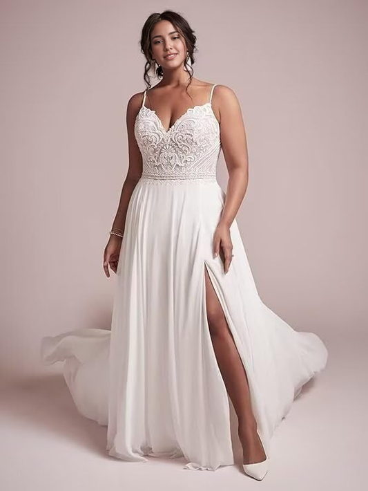 New Pattern Wedding Dress A-line Beach Boho Lace Applique Bride Chiffon Side fork Formal Women's Dresses