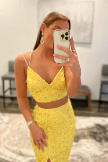 Two Piece  Sequins Long Prom Dress