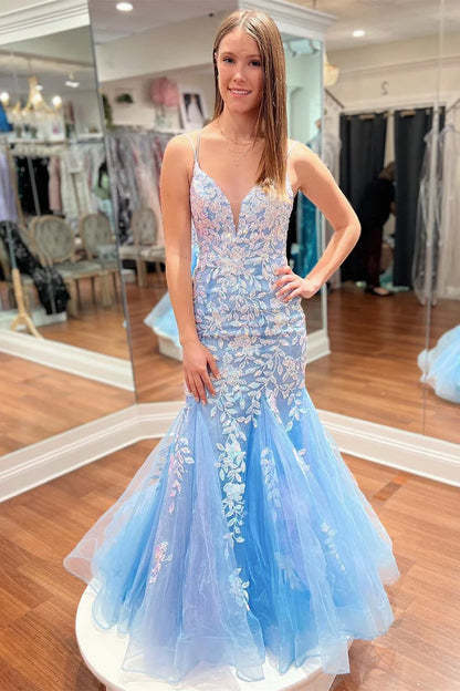 Tulle Applique Plunge V Trumpet Long Prom Dress