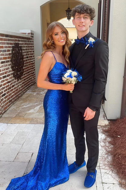 Sequin Keyhole Straps Mermaid Long Prom Dress with Slit