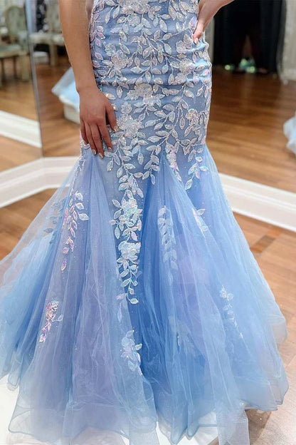 Tulle Applique Plunge V Trumpet Long Prom Dress