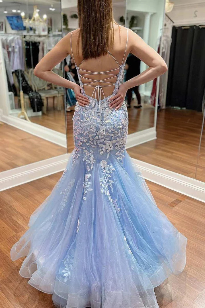 Tulle Applique Plunge V Trumpet Long Prom Dress