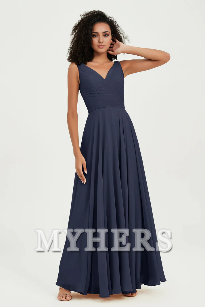 MY HERS Chiffon A-Line V-Neck Pleated Sleeveless Floor-Length Elegant Simple Wedding Guests Dresses
