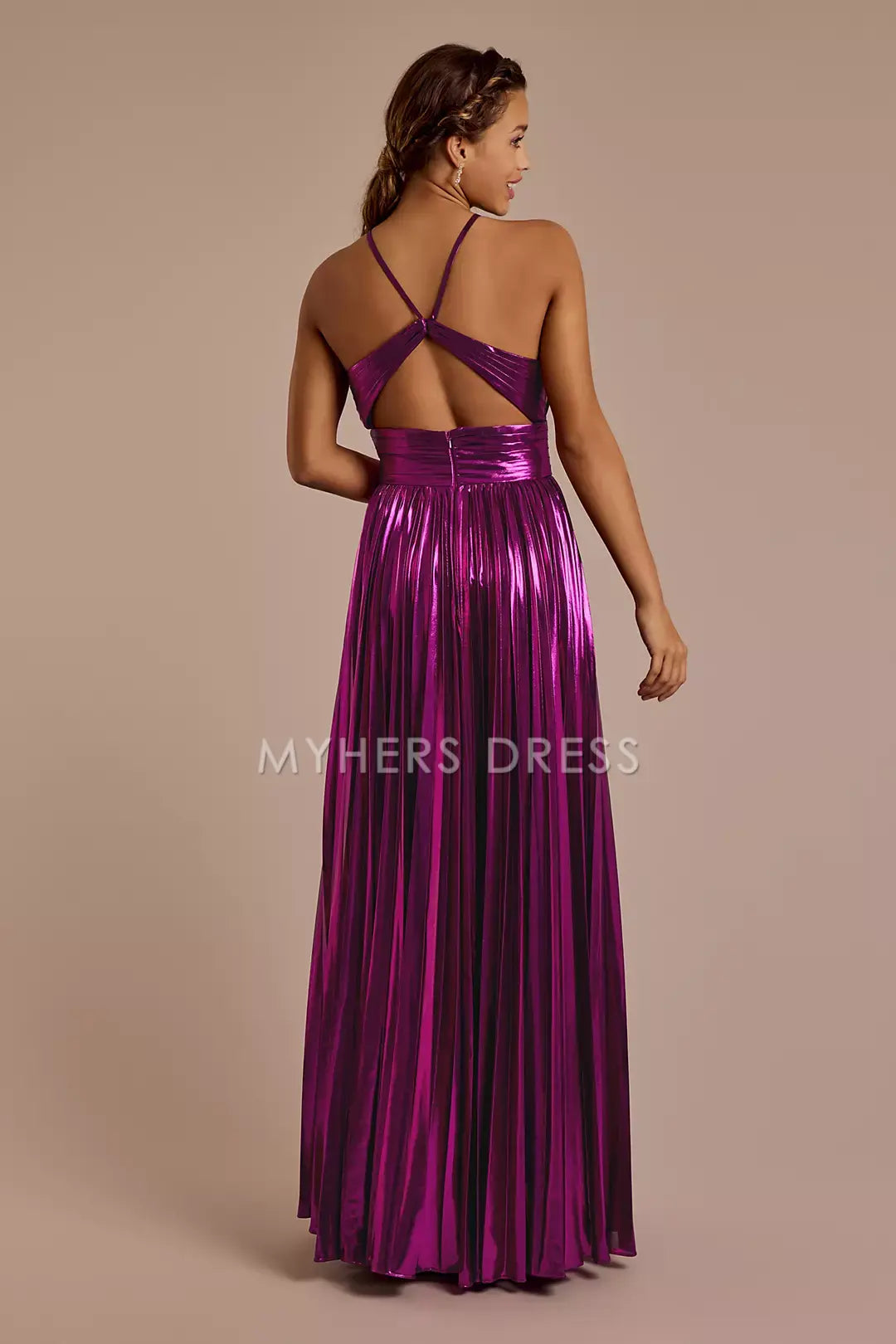 My Hers Ladies Formal Dress Cute A Line Straps Metallic Pleat Satin Long With Slit High Quality Prom Dress