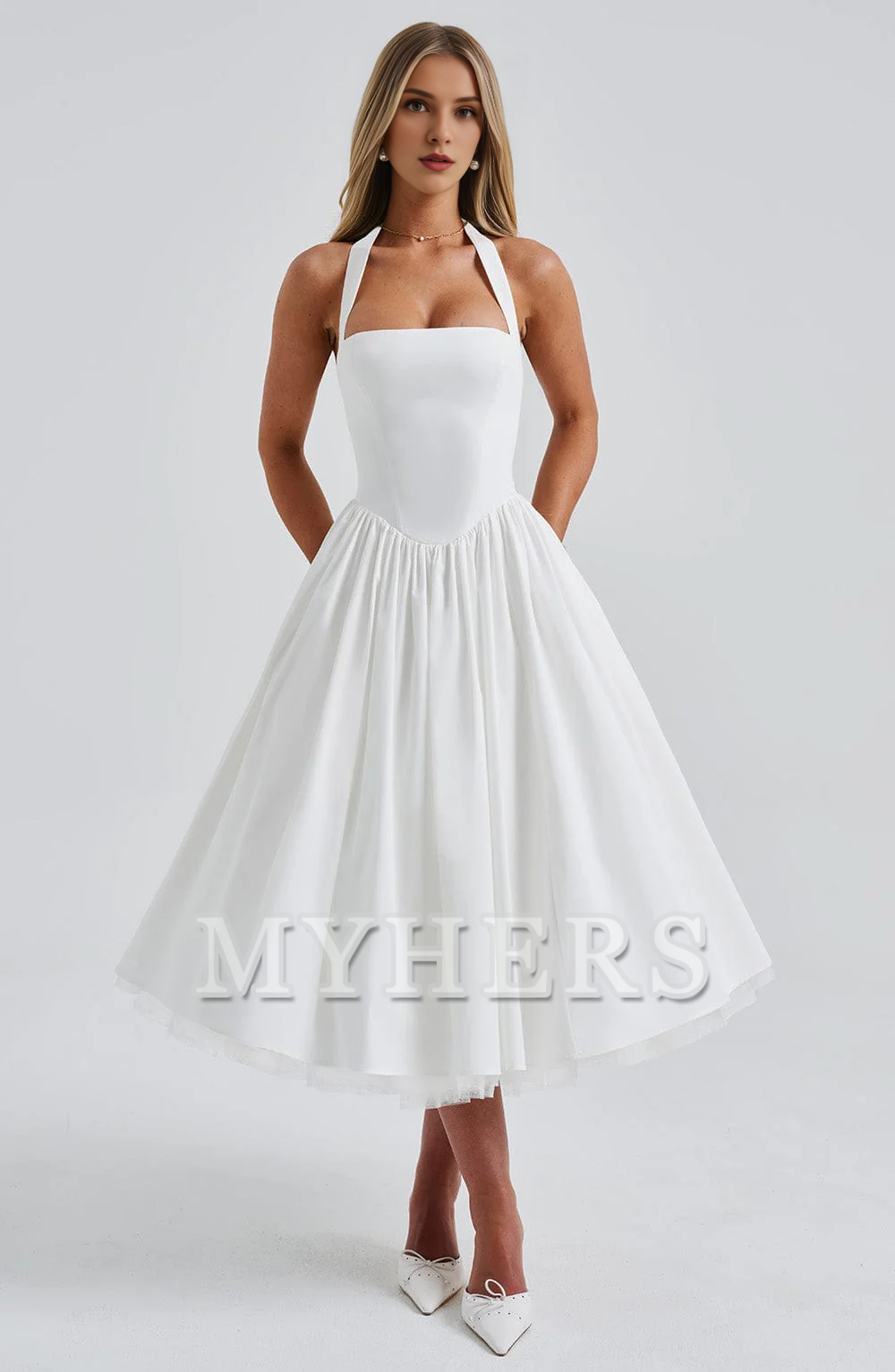 A Line Square Neckline Halter Tea-Length Dresses Elegant Youthful Bridesmaid Dresses Wedding Guests Dresses