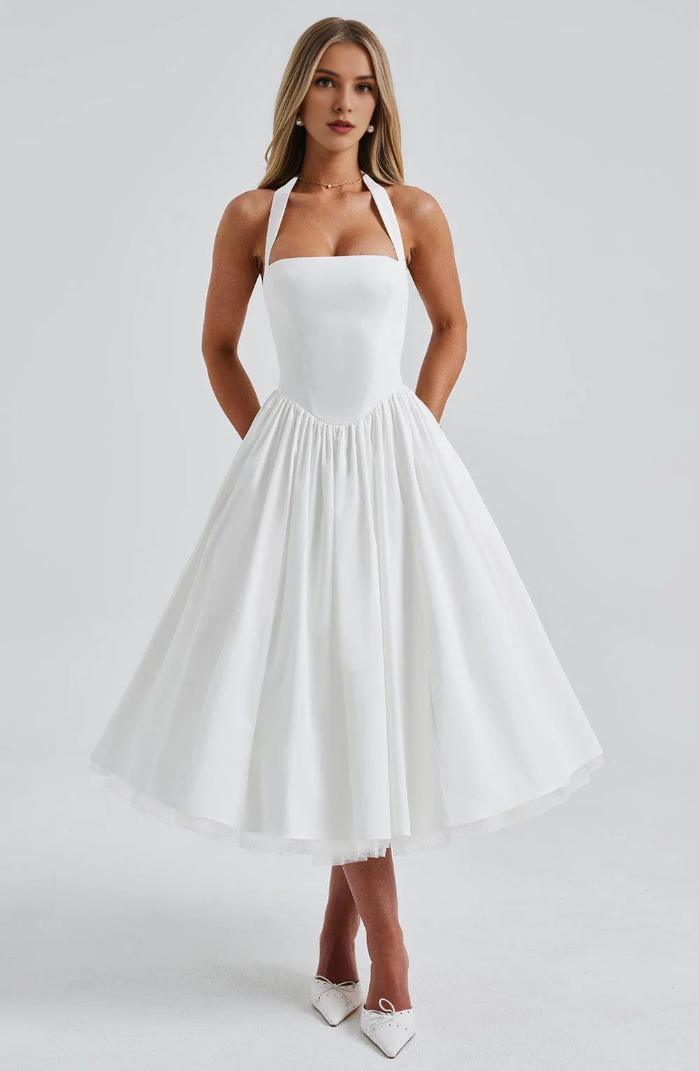 A Line Square Neckline Halter Tea-Length Dresses Elegant Youthful Bridesmaid Dresses Wedding Guests Dresses