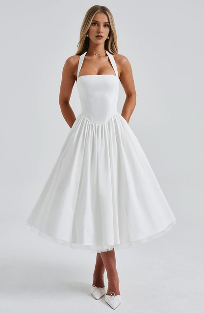 A Line Square Neckline Halter Tea-Length Dresses Elegant Youthful Bridesmaid Dresses Wedding Guests Dresses