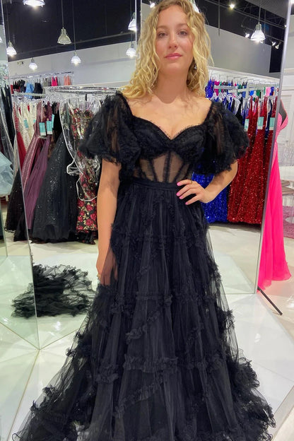Sheer Corset Ruffles A-Line Prom Dress with Puff Sleeves