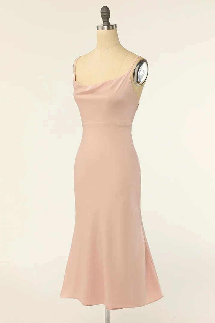 Blush Cowl Neck Short Back Cross Mermaid Bridesmaid Dress