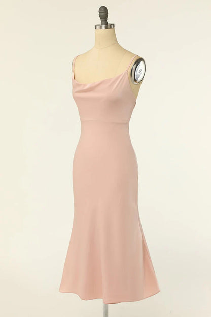 Blush Cowl Neck Short Back Cross Mermaid Bridesmaid Dress