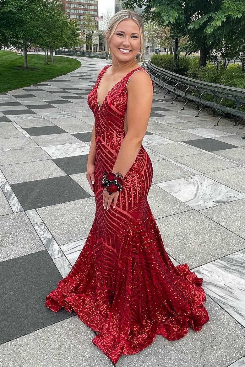 Plunge V  Sequins Mermaid Long Evening Dress