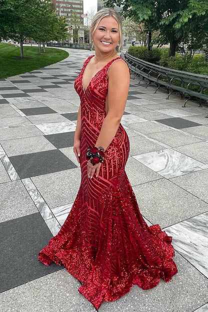 Plunge V  Sequins Mermaid Long Evening Dress