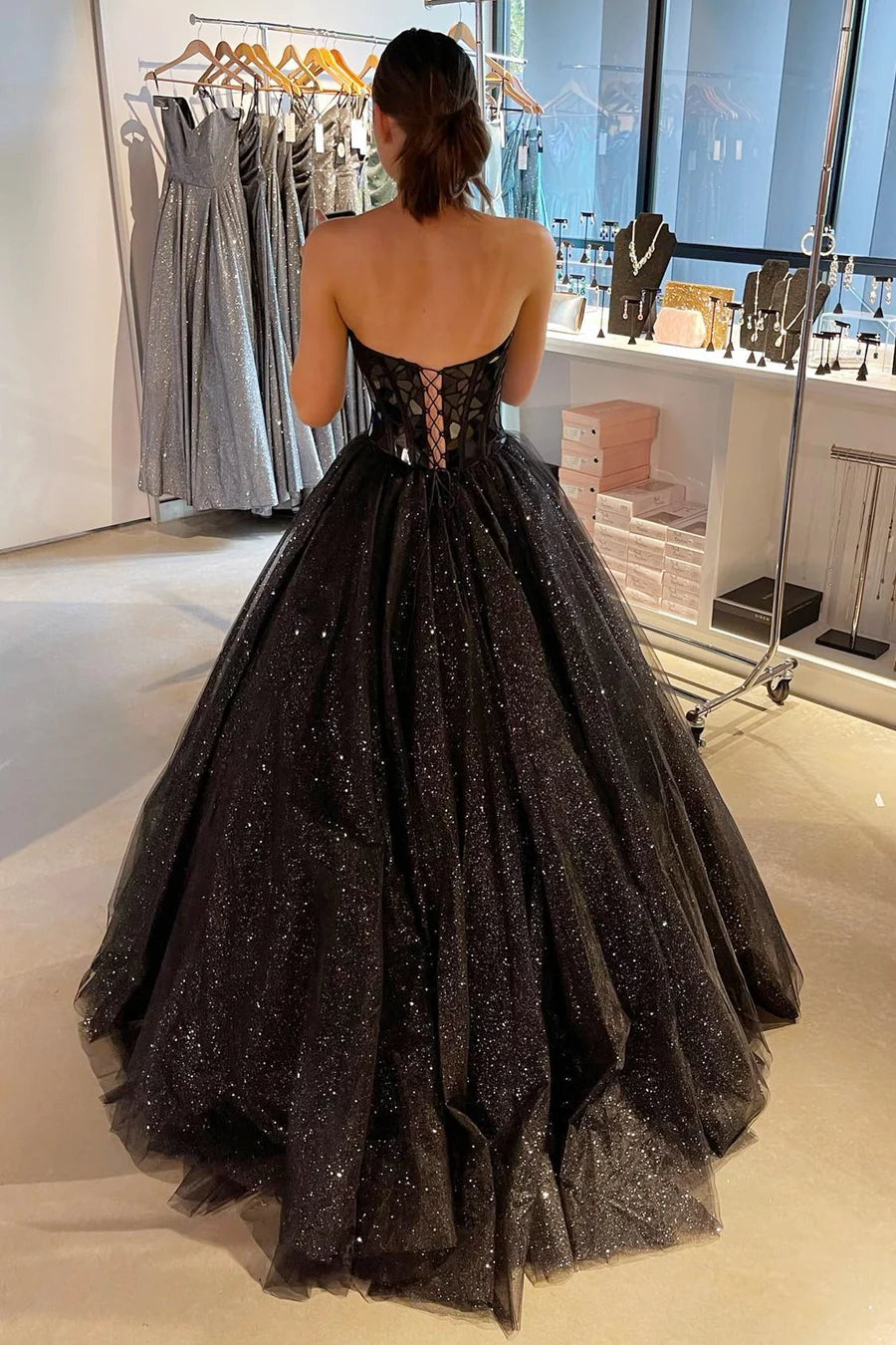 Princess  Cut Glass Mirror Sweetheart A-Line Long Prom Gown