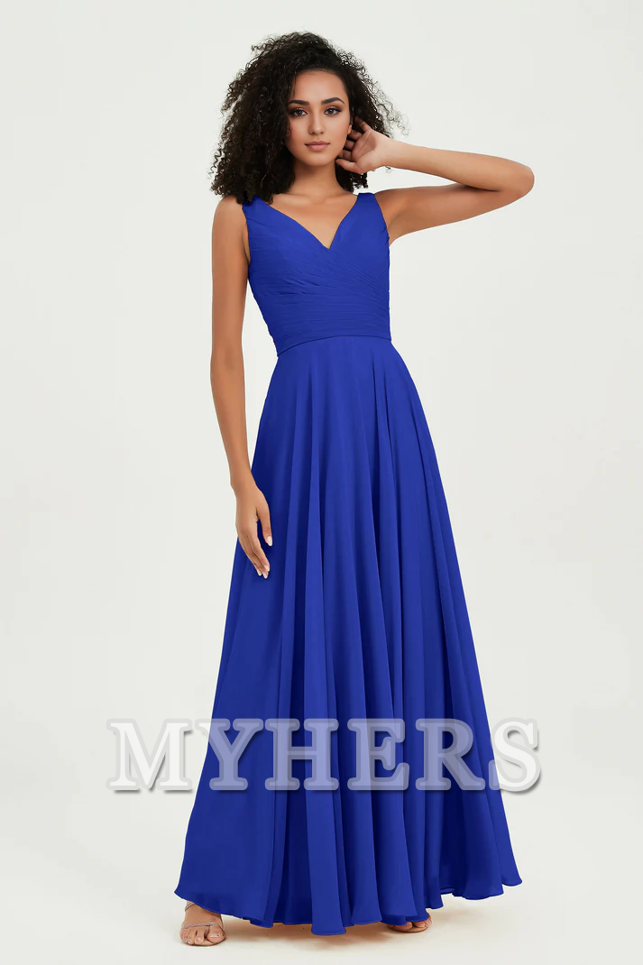 MY HERS Chiffon A-Line V-Neck Pleated Sleeveless Floor-Length Elegant Simple Wedding Guests Dresses