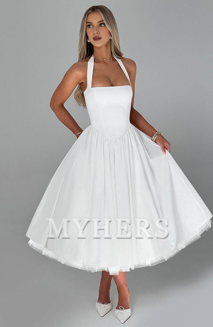 A Line Square Neckline Halter Tea-Length Dresses Elegant Youthful Bridesmaid Dresses Wedding Guests Dresses