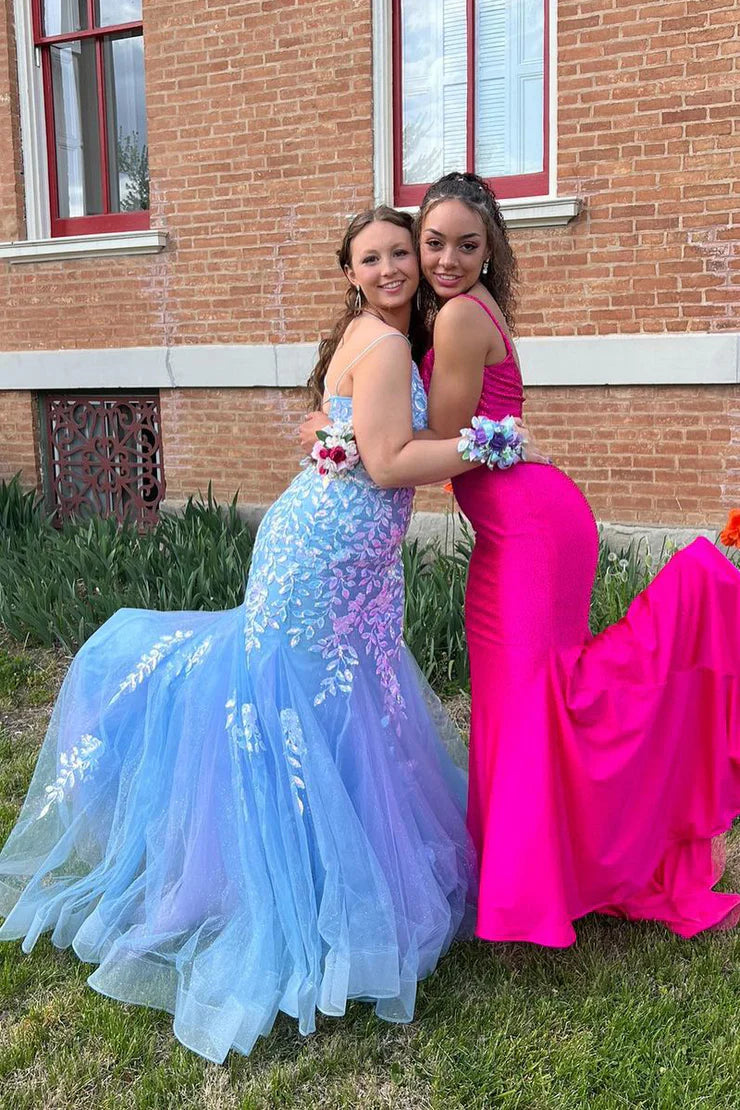Cute Mermaid V Neck Spaghetti Strap Light Blue Sequins Long Prom Dresses