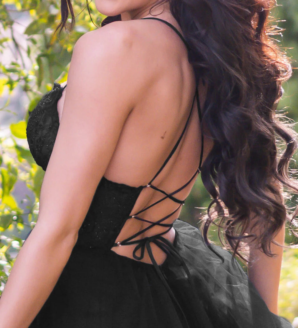 Wedding Guest Dress A-Line Tulle Dress Lace Bodice Lace up open Back Side Leg Slit Sweep Train Black Formal Dress Evening Dress