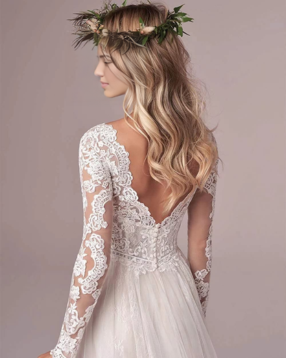 New Pattern Wedding Dress V Neck Mermaid Lace Long sleeves Beach Bridal Dress Formal Women's Dresses