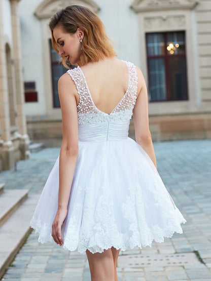 A-Line/Princess Jewel Sleeveless Pearls Lace Short/Mini Tulle Homecoming Dresses Cocktail Dresses