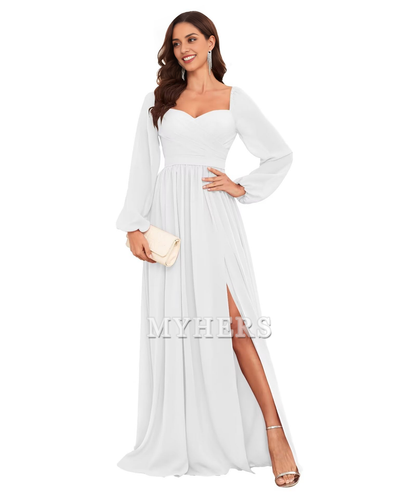 Sweetheart Long Sleeve Pleated Side Fork Chiffon Elegant Bridesmaid Dresses Wedding Guests Dresses