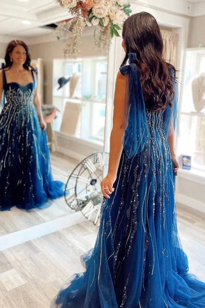 Beaded Sweetheart Tie-Strap A-Line Prom Dress