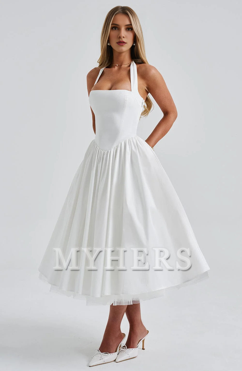 A Line Square Neckline Halter Tea-Length Dresses Elegant Youthful Bridesmaid Dresses Wedding Guests Dresses